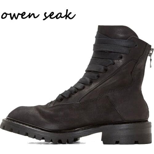 Owen Seak Men Shoes High Ankle Luxury Trainers Genuine Leather Riding Winter Snow Fur Boots Casual Lace Up Flats Black Shoes
