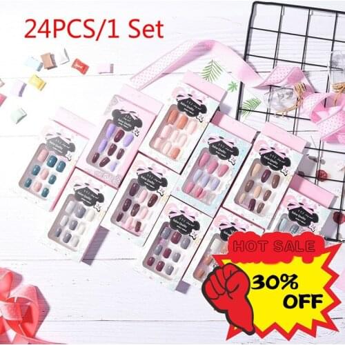 24PCS Almond fake Nails Solid colorJump color Diy nail art decoration 10 style Medium length Tip Accessory with glue