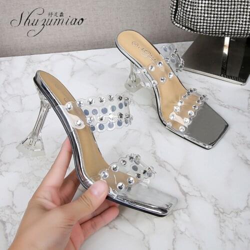 SHUZUMIAO New PVC Transparent Crystal Women Slippers Summer Square Toe High Heels Sexy Slides Ladies Party Sandals Pumps Shoes