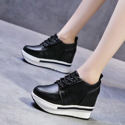 New Platform Height Increasing Insole Womens Shoes round Toe Wedge Thick Bottom Lace-up Casual Shoes Student Versatile Sneakers