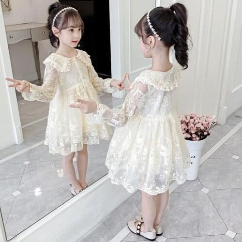White Girl Spring/Autumn New Embroidered Long-sleeve Dress Korean Version Sweetness Lace Dress Bohemian Cute Girl Clothing