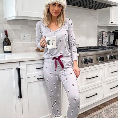 Pajamas for women long-sleeve trousers two piece set sleepwear V-neck can wear printed home clothes sleepwear loungewear