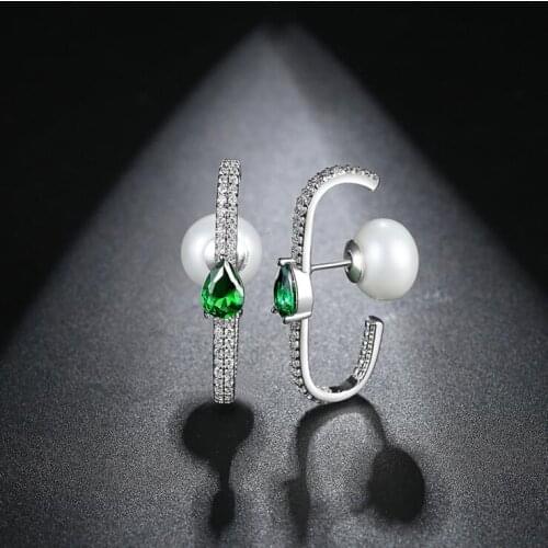 Luxury fashion jewelry long U shape bar micro pave cz bar green tear drop fashion women girl double sided pearl earring