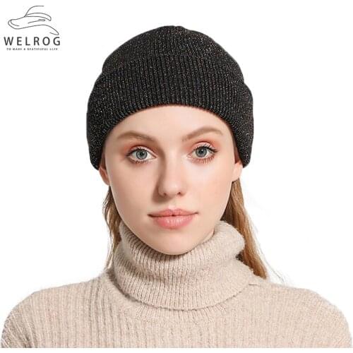 Welrog Handmade Knitting Glitter Acrylic Skullies Hats Solid Crimping Silver Silk Retro Warm Hat Outdoor Ski Caps Unisex Hats