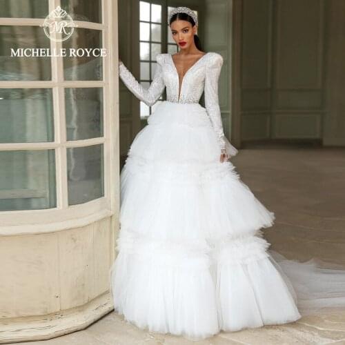 Michelle Royce A-Ling Wedding Dresses 2021 V-Neckline Long Sleeve Appliques Tiered Chapel Train Bridal Gowns Vestido De Noiva