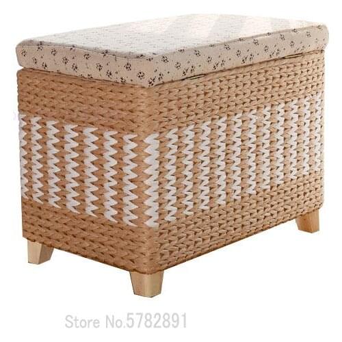 Hand-woven Storage Stool Storage Stool Rattan Replacement Shoe Stool Footrest Solid Wood Multi-function Can Sit People Finishing