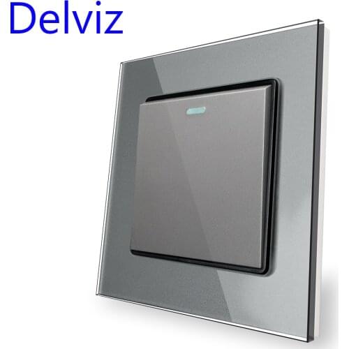 Delviz Toughened Glass Switch, Gray Crystal Panel 16A Wall Power Socket, AC 110V-250V 86mm*86mm, 1 Gang 2 Way Push Button Switch