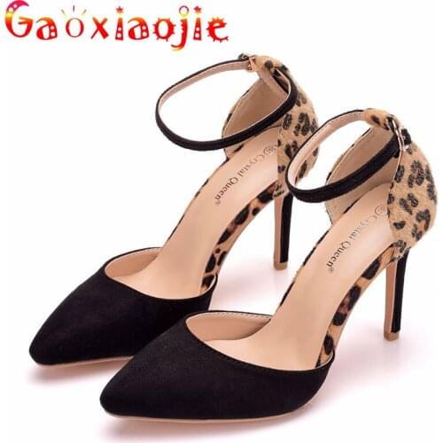 Closed Pointed Toe 9.5CM Lady High-Heels Fashion Leopard Print Cover Heel Sandals High-Quality Flock Buckle Strap Office Shoes