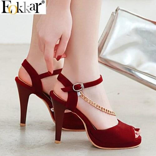 Eokkar 2019 Women Pumps Nubuck Flock Platform Thin High Heel Stiletto Women Pumps Peep Toe All Match Women Shoes Size 34-43