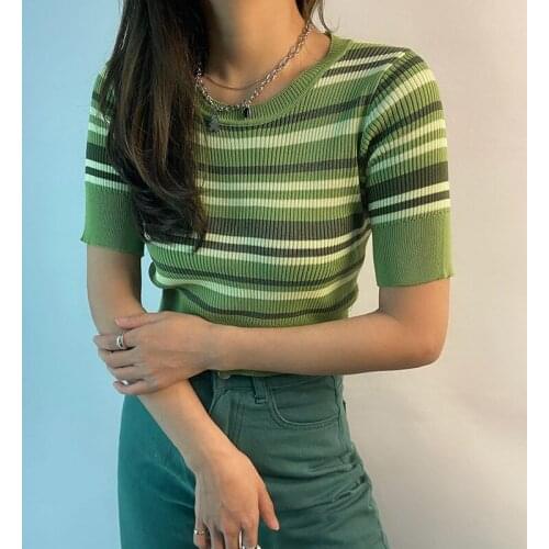 Striped Fashion Crop Tops Female 2021 Stylish Short Sleeve Round Neck Slim Fit Stretch Wild Casual Summer T-Shirt for Daily