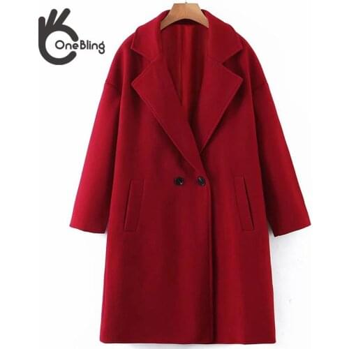 OneBling Za 2021 Wool Blend Drop Shoulder Casual Long Blazers Autumn Winter Notched Collar Tra Women Jacket Chic Red Coats