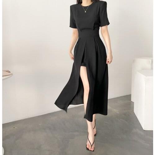Runway Fashion 2021 Summer Women Solid Color Black Yellow Short Sleeve Hight Waist Slim Draped Split Office Party Dresses Vestid
