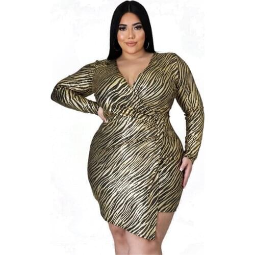 Womens Plus Zebra Print V-Neck Wrap Chest Long-Sleeve Temperament Commute Skirt Elegant Slim Sequined Club Party MidWaist Dress