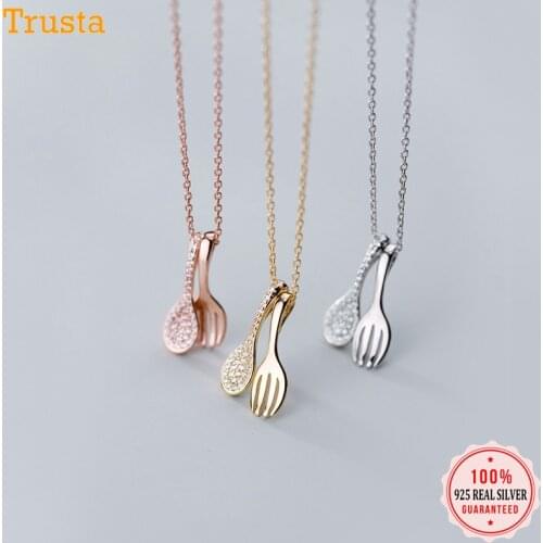 Trustdavis 925 Sterling Silver Sweet Dazzling CZ Spoon Fork Pendant Short Necklace For Women Fashion Silver 925 Jewelry DA424