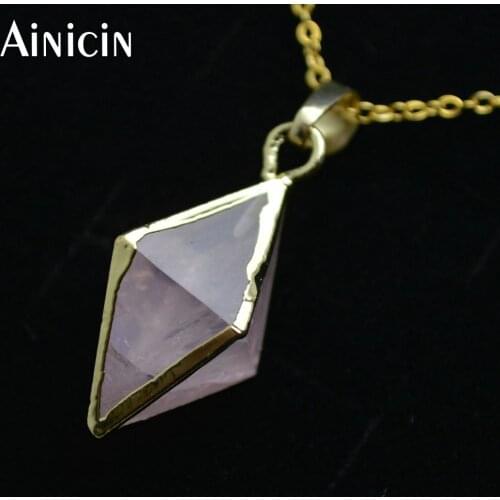 10pc Lovely Size 15x23mm Octahedral Shape Natural Pink Stone Gold Color Fashion Women Pendant Necklace