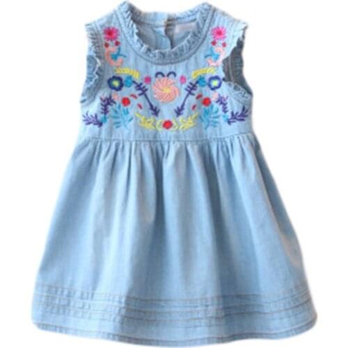 2016 Drop Ship Brand Girls Summer Denim Dress Classical Sleeveless Baby Girl Dresses Plaid Princess Dress Childrens Clothing
