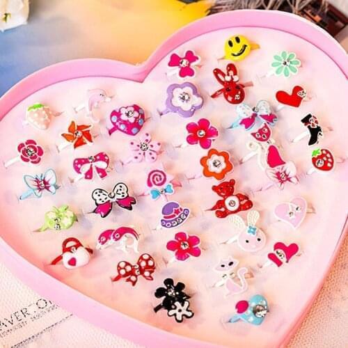 36Pcs Mixed Cute Cartoon Rings Vintage Handmade Pearl Rings Adjustable Alloy Rings Children Girl Birthday Party Gift With Box