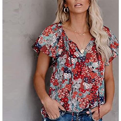 40# Womens Casual Chiffon Blouse Boho Floral Print V Neck Short Sleeve V-neck Bandage Shirts Tops Summer Leisure Loose Blouses