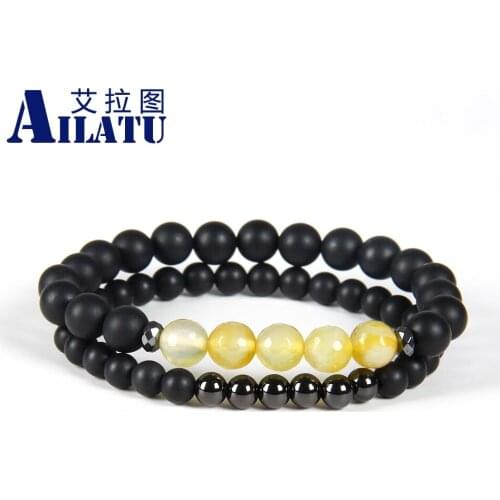Ailatu Men and Womens Healing Balance Beads Jewelry Couples Matte Black Beads with Faceted Multicolor Stone Energy Bracelet