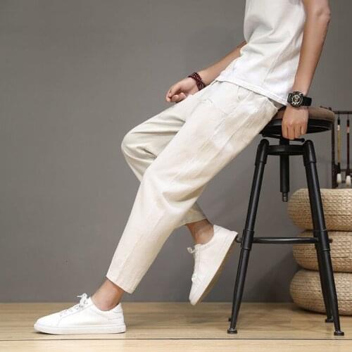 MrGB Chinese Style Oversize Linen Mens Pants Solid Color Casual Ninth Pants Straight Elastic Waist Male Trousers Brand Clothing