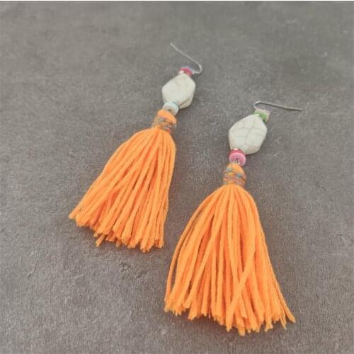 Statement Earrings Natural Stone Cotton Tassel Bohemian Boho Ethinc Women Handmade Weaving Flower Shape Hoop Earring