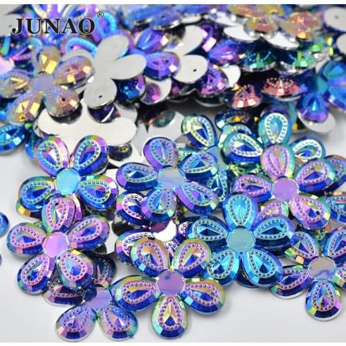 JUNAO 50pcs 30mm Blue AB Sewn Large Flower Rhinestone Applique Flatback Decorative Strass Crystal Sewing Stones for Needlework