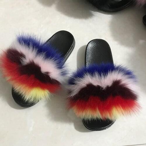 Fur Slippers Fluffy Slides Women Real Fox Fur Flip Flops 2021 Fashion Outdoor Sandles