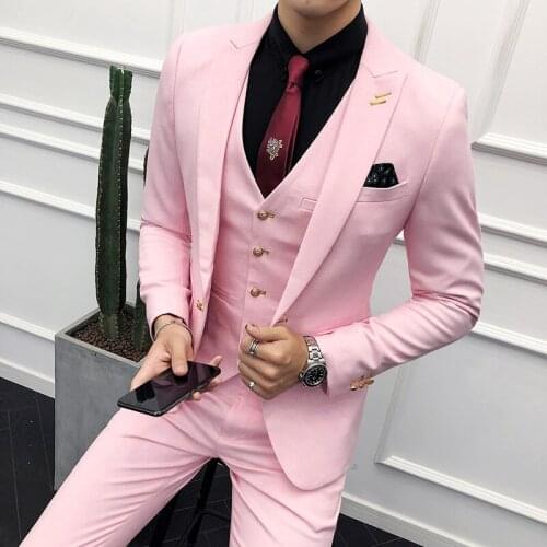 3PC Suit Men Brand New Slim Fit Business Formal Wear Tuxedo High Quality Wedding Dress Mens Suits Casual Costume Homme 2XL Pink