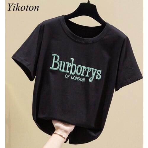 New Womens T-shirts Tops Cotton Casual Ladies Embroidered Letter T-shirt Female Korean Harajuku Clothes For Women Basic Tee Top