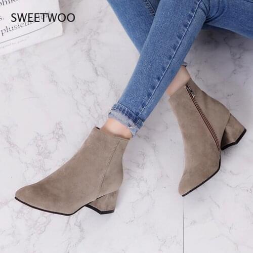 2021 Autumn Faux Suede Ankle Boots Women High Heel Side zipper High top Stacked Block Heel Short Western Cowboy Booties Shoes