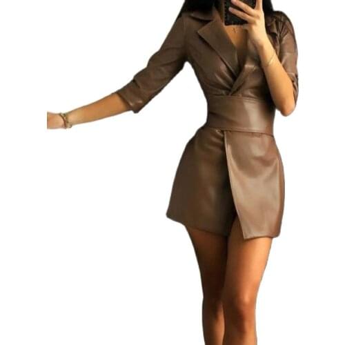 Autumn Winter PU-Leather Dress Women Clothes Notched Half Sleeve Coat Belt Lady Black Brown Slim Sexy Mini Dresses Woman OL