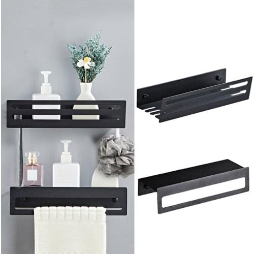 Black Bathroom Storage Tray with Towel Toothbrush Holder Wall Mounted Shower Shelf Kitchen Storage Rack Without Drilling