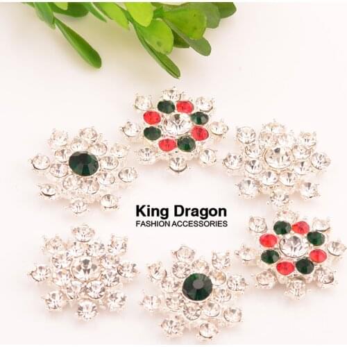 King Dragon Rhinestone Snowflake Embellishment Christmas Button 22MM 10PCS/Lot Flat Back Silver Color 3 Colors Mixed KD410
