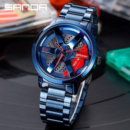 SANDA 2021 Unique trend Simple Design Brand Mens Watch Mens Car Wheel Watch Sports Watch Quartz Hub waterproof Watch 1061