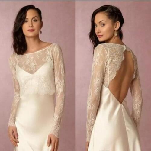 Sexy Backless White Ivory Bolero Wedding Wraps Jackets Scoop Neck Long Sleeve Soft Lace Bridal Custom Made Jacket