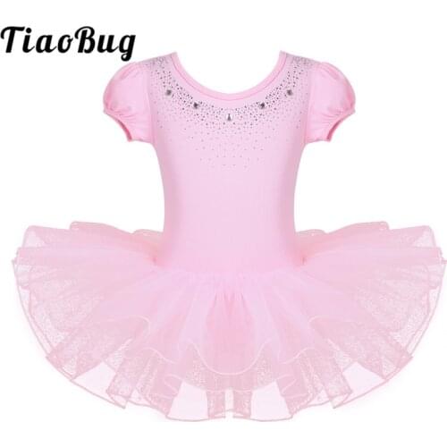 TiaoBug Child Mesh Bubble Sleeve Ballet Tutu Dress Rhinestone Girls Gymnastics Leotard Kids Stage Dance Costume Ballet Leotards