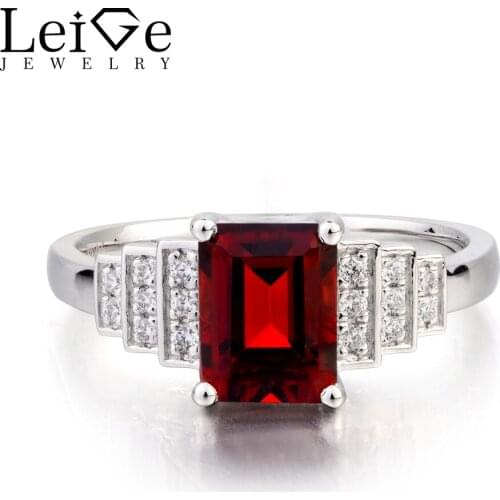 Leige Jewelry January Birthstone Natural Garnet Ring Promise Ring Emerald Cut Red Gemstone 925 Sterling Silver Gifts for Lady