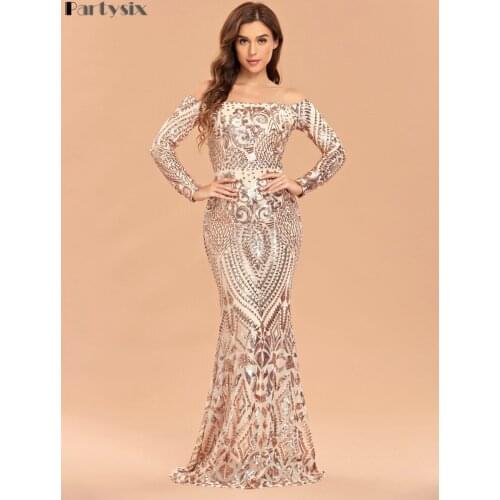 Partysix 2021 Autumn Winter Sexy Off the Shoulder Long Sleeve Sequin Party Dress Evening Maxi Dress Women Bodycon Dress