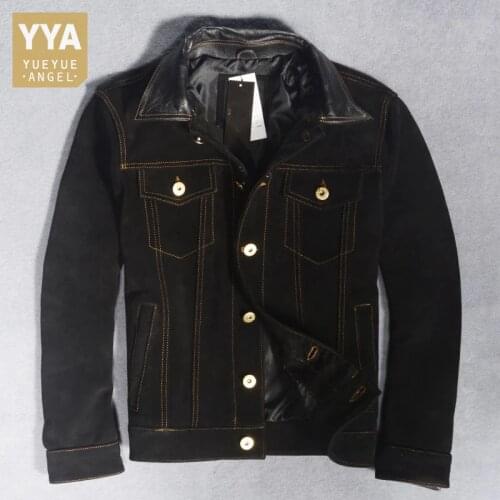 Vintage Mens Single Breasted Cow Suede Jacket Fashion Patchwork Genuine Leather Jacket Motorcycle Biker Slim Fit Outwear Coat