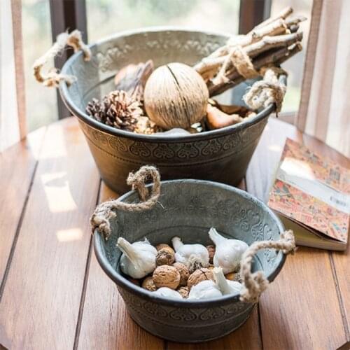 Vintage Metal Round Bucket Planter with Double Handles Rustic Iron Flower Pot Metal Tray for Storage and Farmhouse Decor