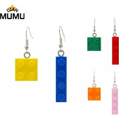Funny candy color building blocks dangling earrings cute colorful geometric asymmetric woman girl jewelry gift