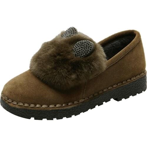 2020 New Autumn and Winter Elegant Comfortable Shoes Woman Flats Rabbit Fur Decoration Frosted Cowhide Large Size 43 Warm Shoes