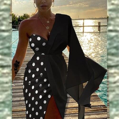 Celebration Elegant One Shoulder Women Dress Sexy V-Neck Lady Party Dress Autumn Fashion Female Flared Sleeves Split Dresses