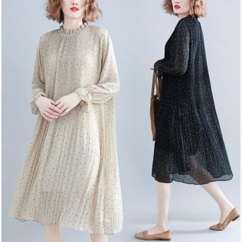 Mujer Vestidos Oversized Round Neck Polka Dot Printed Pleated Dress Women‘s Spring Chiffon Long Sleeve Slim A-line Dresses Z549