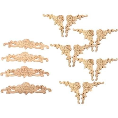 14Pcs Rubber Wood Carved Long Onlay Applique Unpainted Rose Flower Door Home Decor - 10Pcs 8X8Cm & 4Pcs 20X5Cm