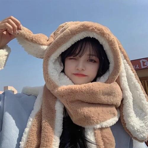 3 In1 Gloves scarf Rabbit Hat long Ears Cute Cartoon Hat Kawaii Funny Birthday Gift Bunny Plush Caps Winter For Adult Girlfriend