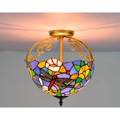 30cm European-Style Retro Dragonfly Rose Multi-Color Glass Restaurant Bedroom Aisle Corridor Bathroom Glass Semi-Ceiling Lamp