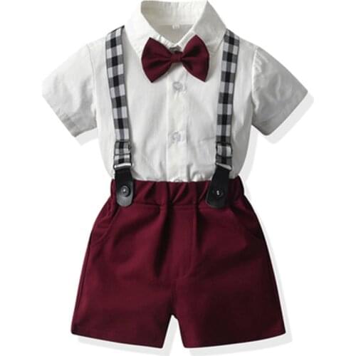 Toddler Children Clothing Set for Summer Boys Kits Cotton White Shirt with Bow + Shorts + Belt 4 PCS Fashion Kids Costume 1- 6 Y