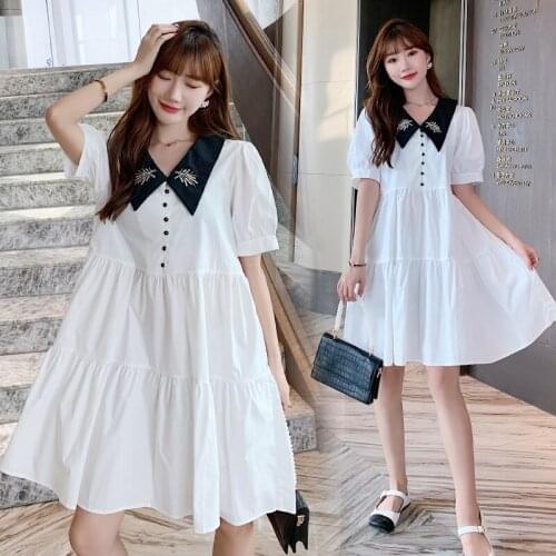 44876# Maternity Dress Summer Cotton Short Sleeves Loose Midi Embroidery Dress Plus Size Pregnancy Pregnant Women Mom Dress
