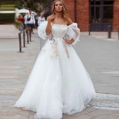 White Simple Princess Dress Women Strapless Tulle Applique Summer Dress A-line Floor Length Wedding Dresses Custom Made